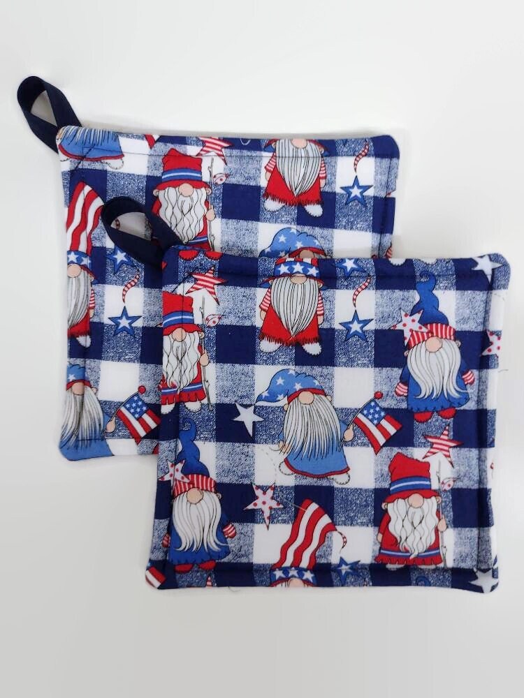 Picnic Fourth of July Gnome Potholder or Hot Pad set with Hanging Loop