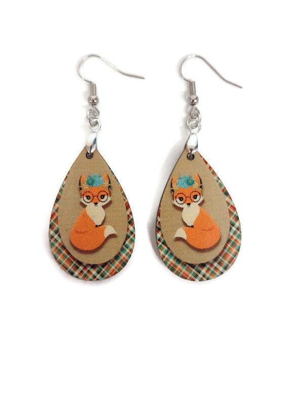 Plaid Fox Tear Drop Dangle Earrings