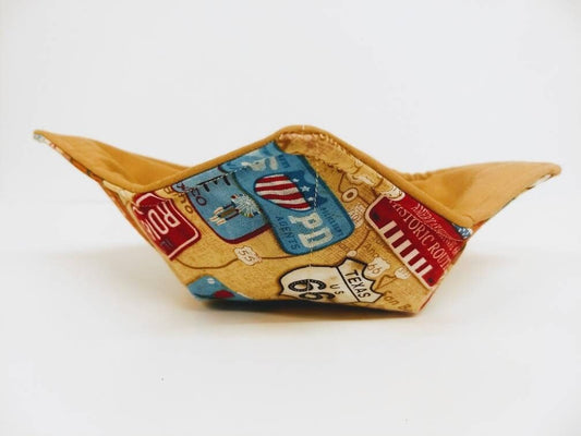 Bowl Cozy Microwave Safe Cotton Soup Hot Bowl Pot Holder in a Historic Street Sign and Solid Tan Fabric Print