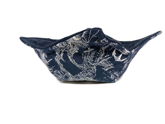 Bowl Cozy Microwave Safe Cotton Hot Soup Bowl Pot Holder in a Nautical Ocean Blue Fabric Print