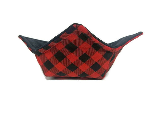 Bowl Cozy Microwave Safe Cotton Soup Hot Bowl Pot Holder in a Buffalo Plaid and Solid Black Fabric Print