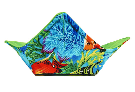 Bowl Cozy Microwave Safe Cotton Soup Hot Bowl Pot Holder in a Tropical Fish with Reef and Bright Green Fabric Print