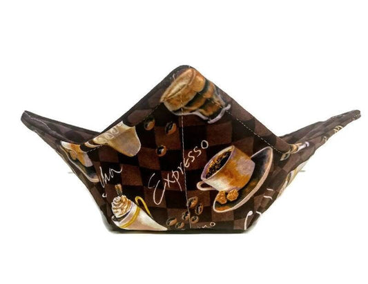 Bowl Cozy Microwave Safe Cotton Soup Hot Bowl Pot Holder in a Coffee, Espresso, Mocha Fabric Print