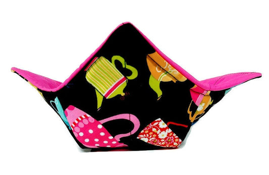 Bowl Cozy Microwave Safe Cotton Soup Hot Bowl Pot Holder in a Multicolored Teapot and Hot Pink Fabric Print