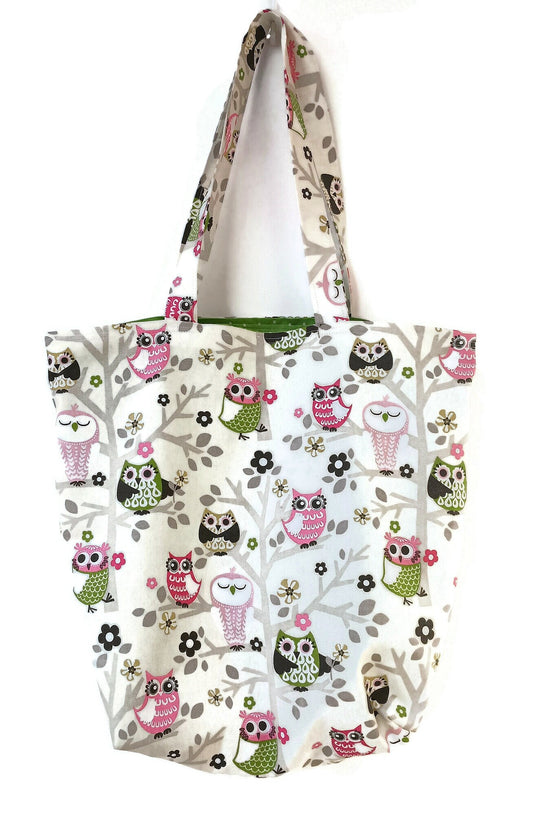 Tote Bag, Reusable Bag, Shopper Bag, Grocery Bag in an Owl and Green and White Polka Dot Print