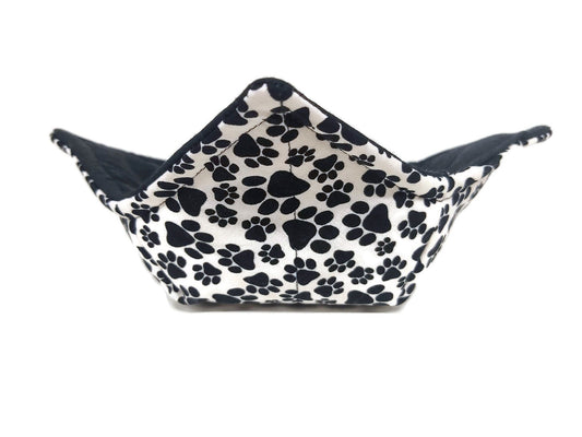 Bowl Cozy Microwave Safe Cotton Soup Hot Bowl Pot Holder in a White and Black Paw Print Fabric print