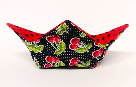 Bowl Cozy Microwave Safe Cotton Soup Hot Bowl Pot Holder in a Black and White Cherry Fabric Print