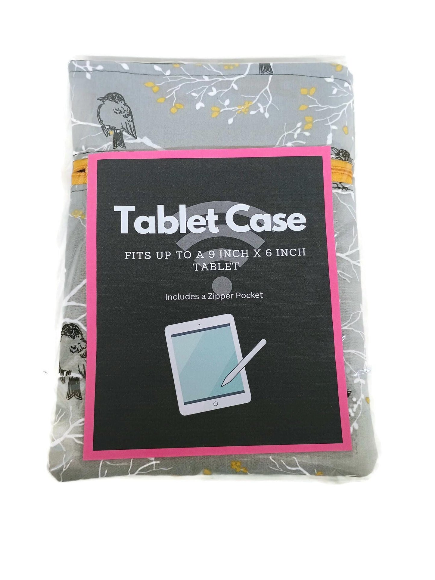 Tablet Sleeve case with Zipper Pocket in a Grey Bird with Gold Leaf Fabric Print