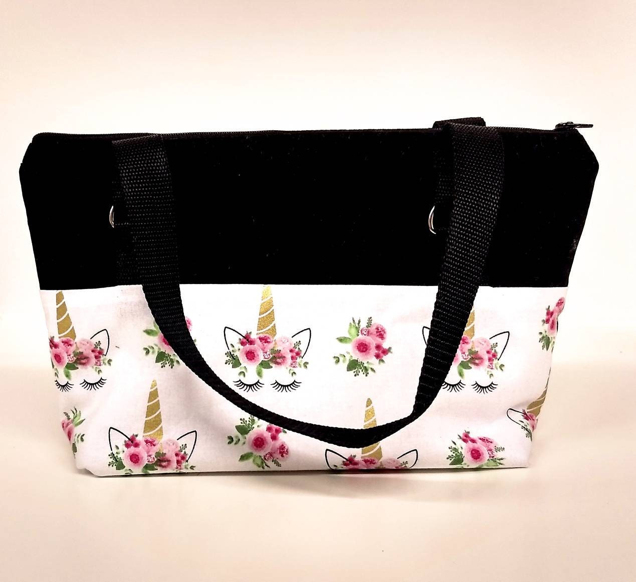 Unicorn Eyelashes lined insulated zip top lunch bag or sack with straps
