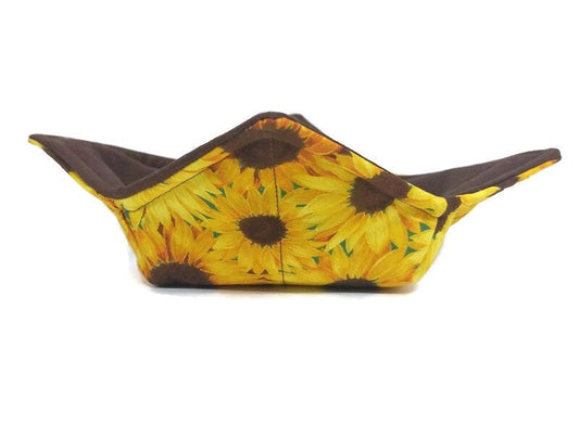 Bowl Cozy Microwave Safe Cotton Soup Hot Bowl Pot Holder in a Field of Sunflower and Solid Brown Fabric print