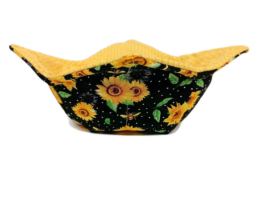 Bowl Cozy Microwave Safe Cotton Hot Soup Bowl Pot Holder in a Reversible  Black Sunflower and Yellow Hatched Fabric Print