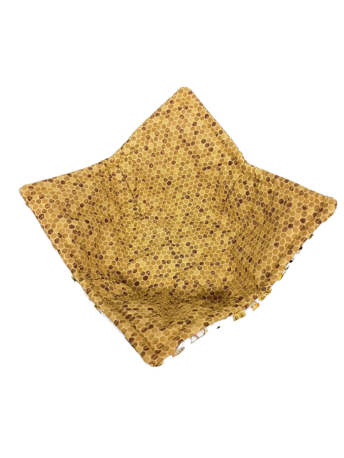 Bowl Cozy Microwave Safe Cotton Hot Soup Bowl Pot Holder in a Reversible Miniature Bee Gnome and Honey Comb Fabric Print