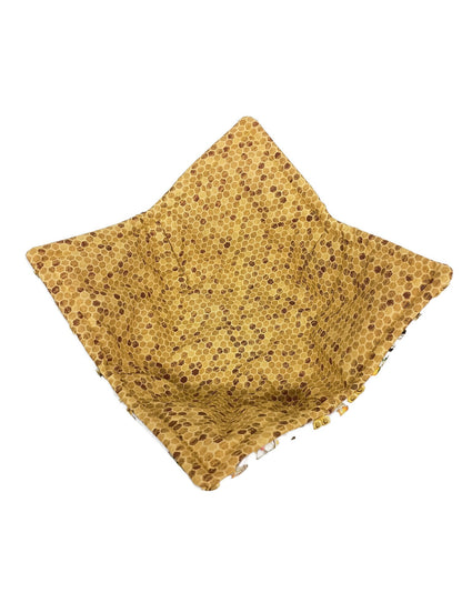 Bowl Cozy Microwave Safe Cotton Hot Soup Bowl Pot Holder in a Reversible Miniature Bee Gnome and Honey Comb Fabric Print