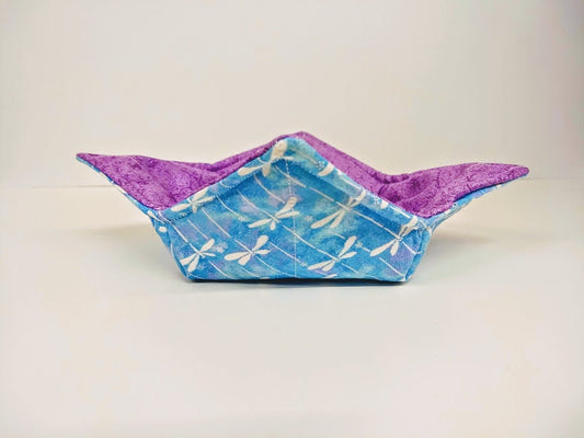 Bowl Cozy Microwave Safe Cotton Soup Hot Bowl Pot Holder in a Reversible Blue Dragon Fly and Light Purple Fabric Print
