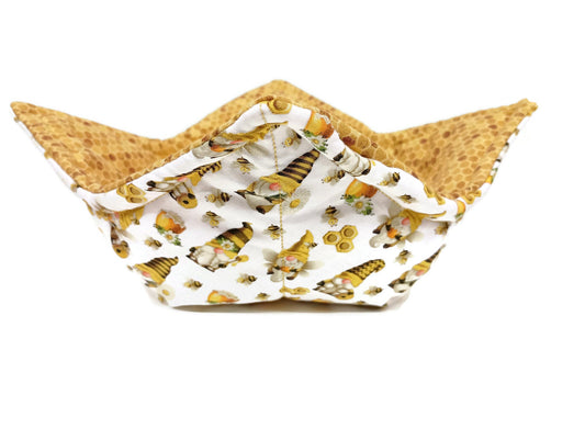 Bowl Cozy Microwave Safe Cotton Hot Soup Bowl Pot Holder in a Reversible Miniature Bee Gnome and Honey Comb Fabric Print