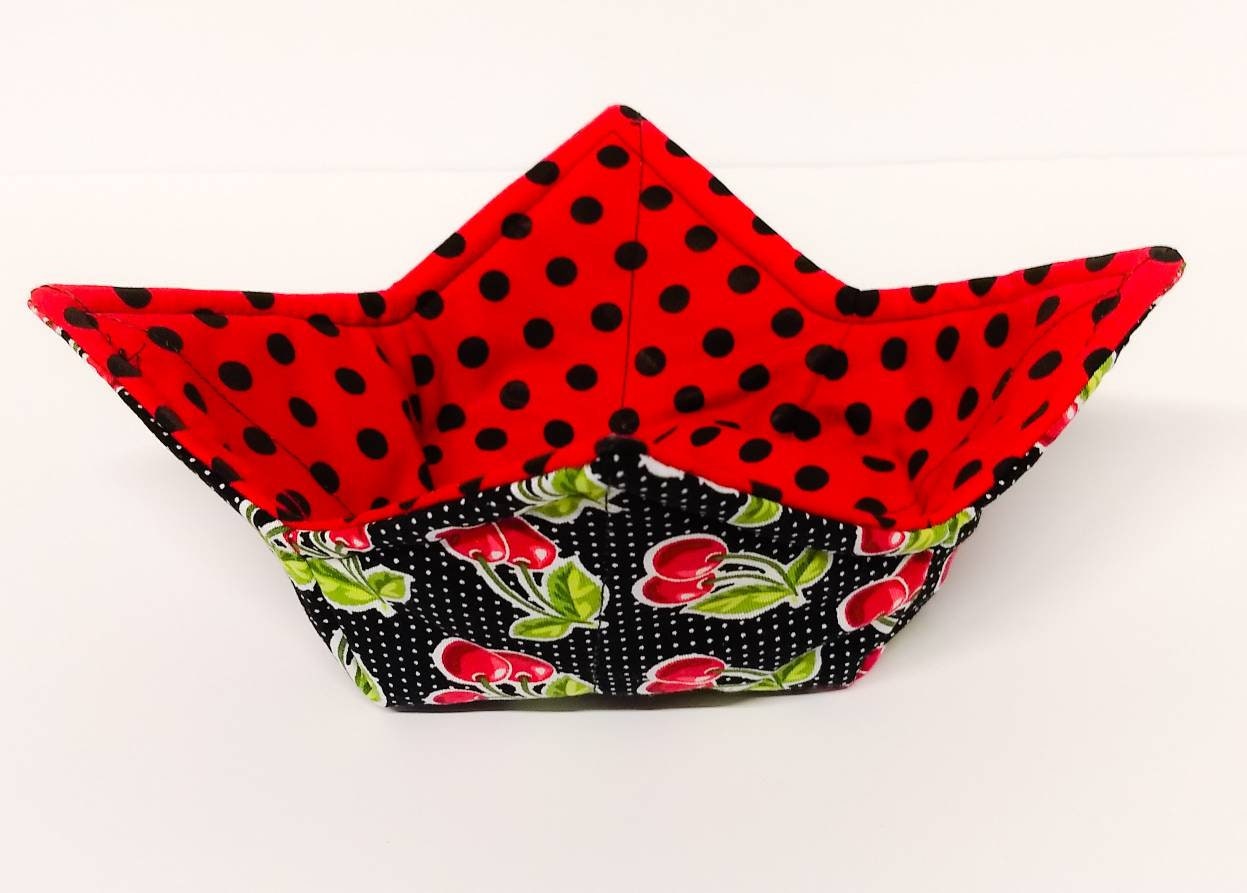 Bowl Cozy Microwave Safe Cotton Soup Hot Bowl Pot Holder in a Black and White Cherry Fabric Print