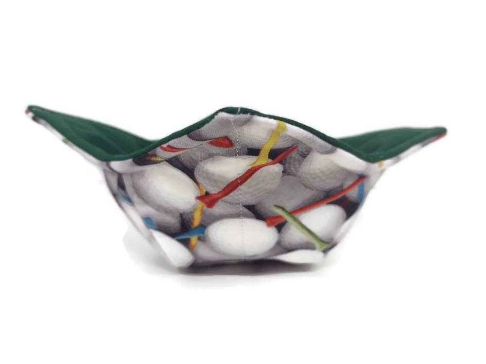 Bowl Cozy Microwave Safe Cotton Hot Soup Bowl Pot Holder in Reversible Golf Ball and Dark Green Fabric Print