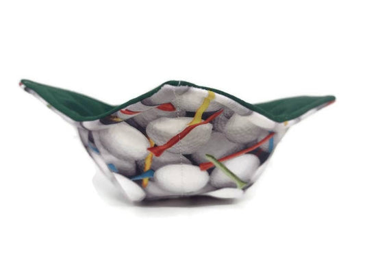 Bowl Cozy Microwave Safe Cotton Hot Soup Bowl Pot Holder in Reversible Golf Ball and Dark Green Fabric Print