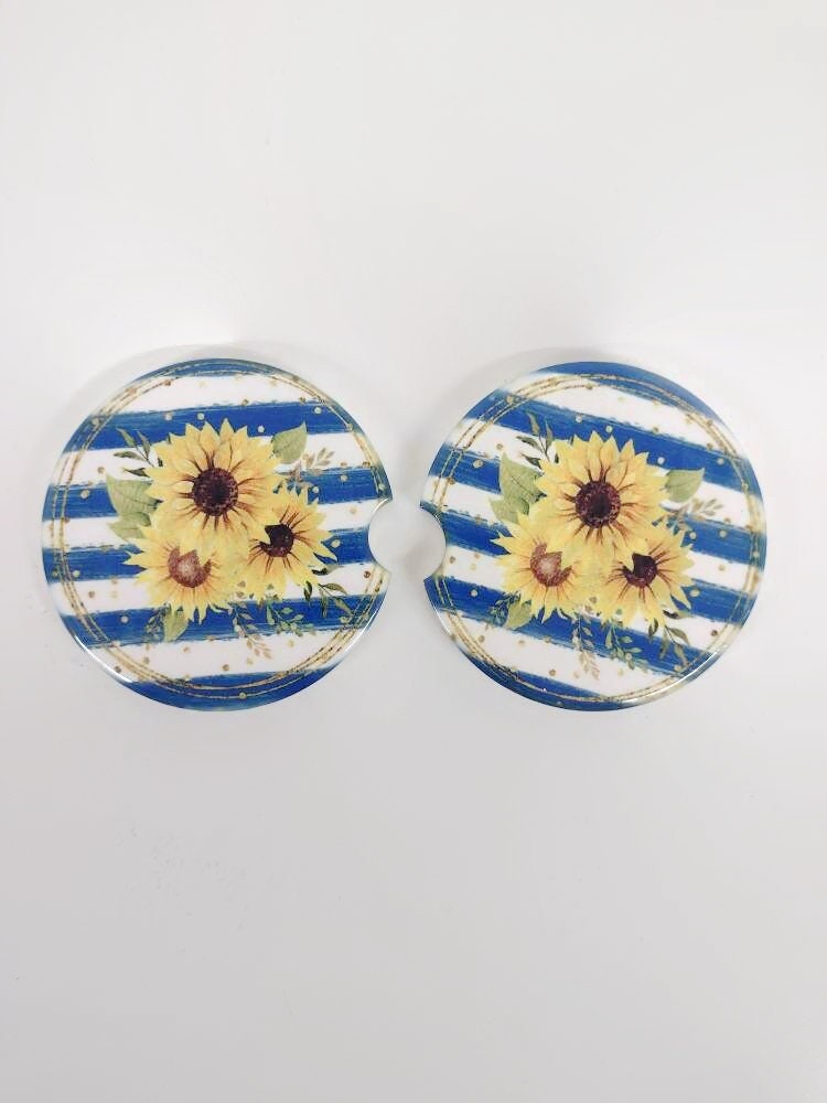 Ceramic Car Coaster in Blue Stripe Sunflower print
