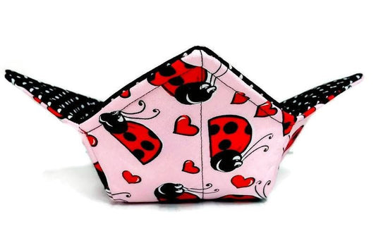 Bowl Cozy, Bowl Holder, Soup bowl for Valentines day Gifts, House Warming Gift in a Valentines Heart and Lady Bug Fabric Print