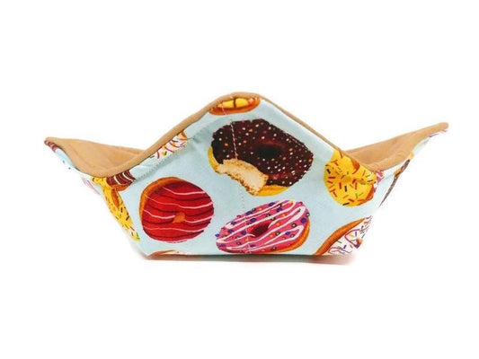 Bowl Cozy Microwave Safe Cotton Soup Hot Bowl Pot Holder in a Reversible Frosted Donut and Solid Tan Fabric Print