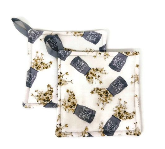 Potholder Set in a Farmhouse Milk Jug Fabric Print by Sewuseful Studios LLC (2 piece set)