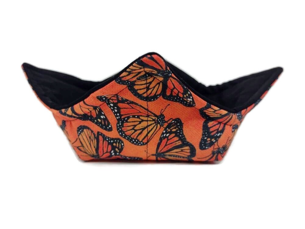 Bowl Cozy Microwave Safe Cotton Soup Hot Bowl Pot Holder in a Migrating Monarch Butterfly and Solid Black Fabric Print