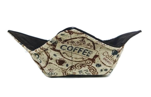 Bowl Cozy Microwave Safe Cotton Soup Hot Bowl Pot Holder in a Pure Roast Coffee Bag and Solid Brown Fabric Print