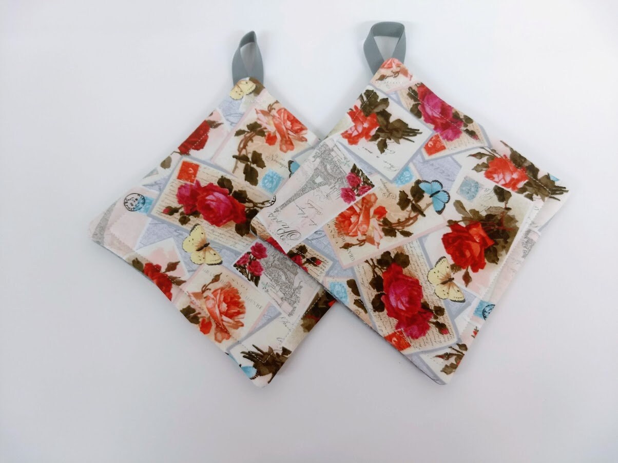 Postcard Potholder or hot pad set with hanging loop