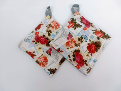 Postcard Potholder or hot pad set with hanging loop