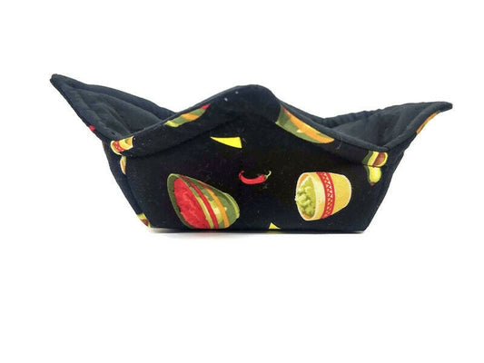 Bowl Cozy Microwave Safe Cotton Soup Hot Bowl Pot Holder in a Cinco de Mayo Salsa and Solid Black Fabric Print