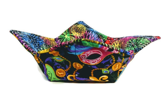 Bowl Cozy, Mardi Gras Gift, Mardi Gras Celebration, Useful Gift Bowl Cozy in Mardi Gras Mask and Fireworks Fabric Print