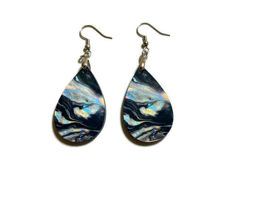 Black Marble Effect Tear Drop Dangle Earrings