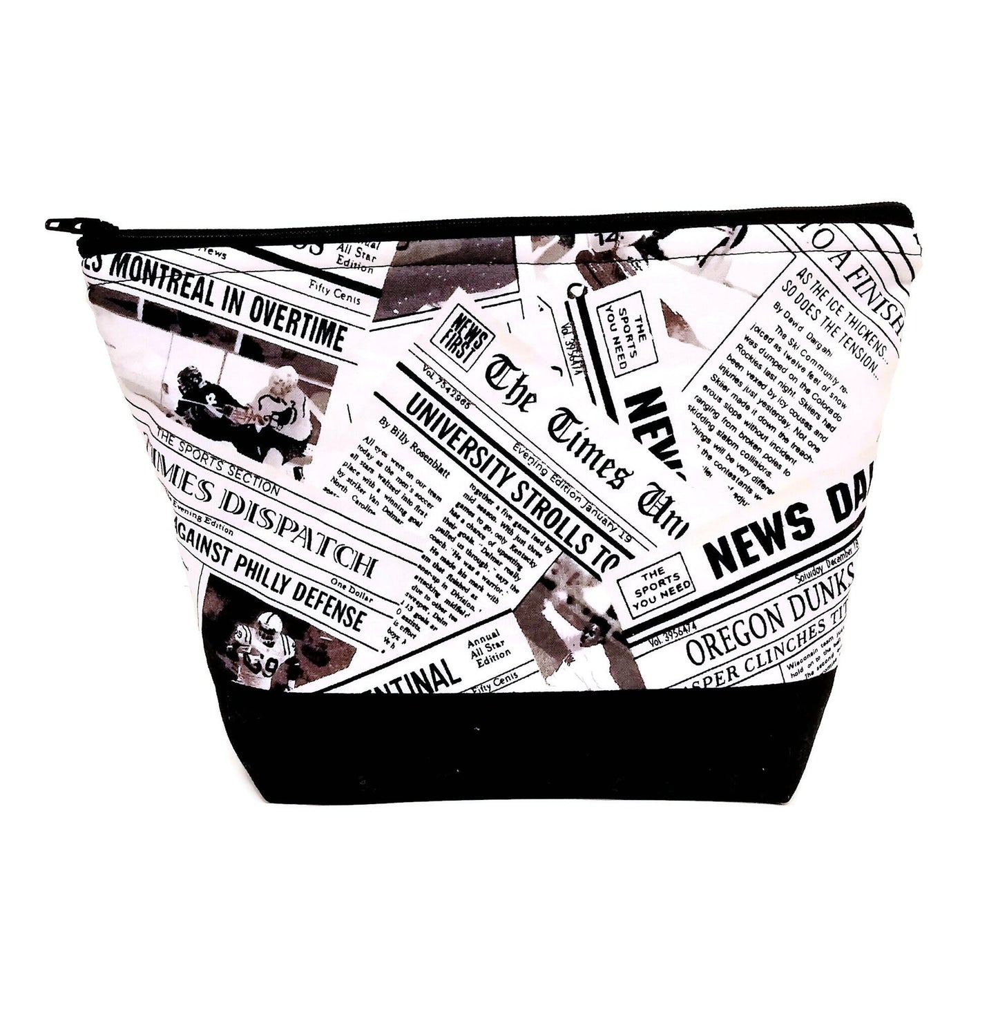 Newspaper print zippered cosmetic, make up, travel bag