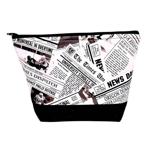 Newspaper print zippered cosmetic, make up, travel bag