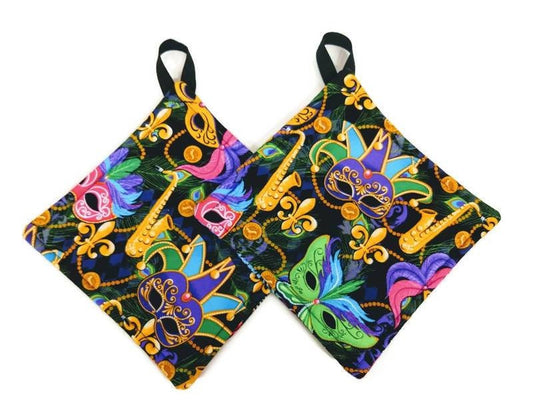 Pot holder for kitchen Pot Holder Set Oven Hot Pad Pot Holder for Cooking or Baking in a Mardi Gras Celebration Fabric Print