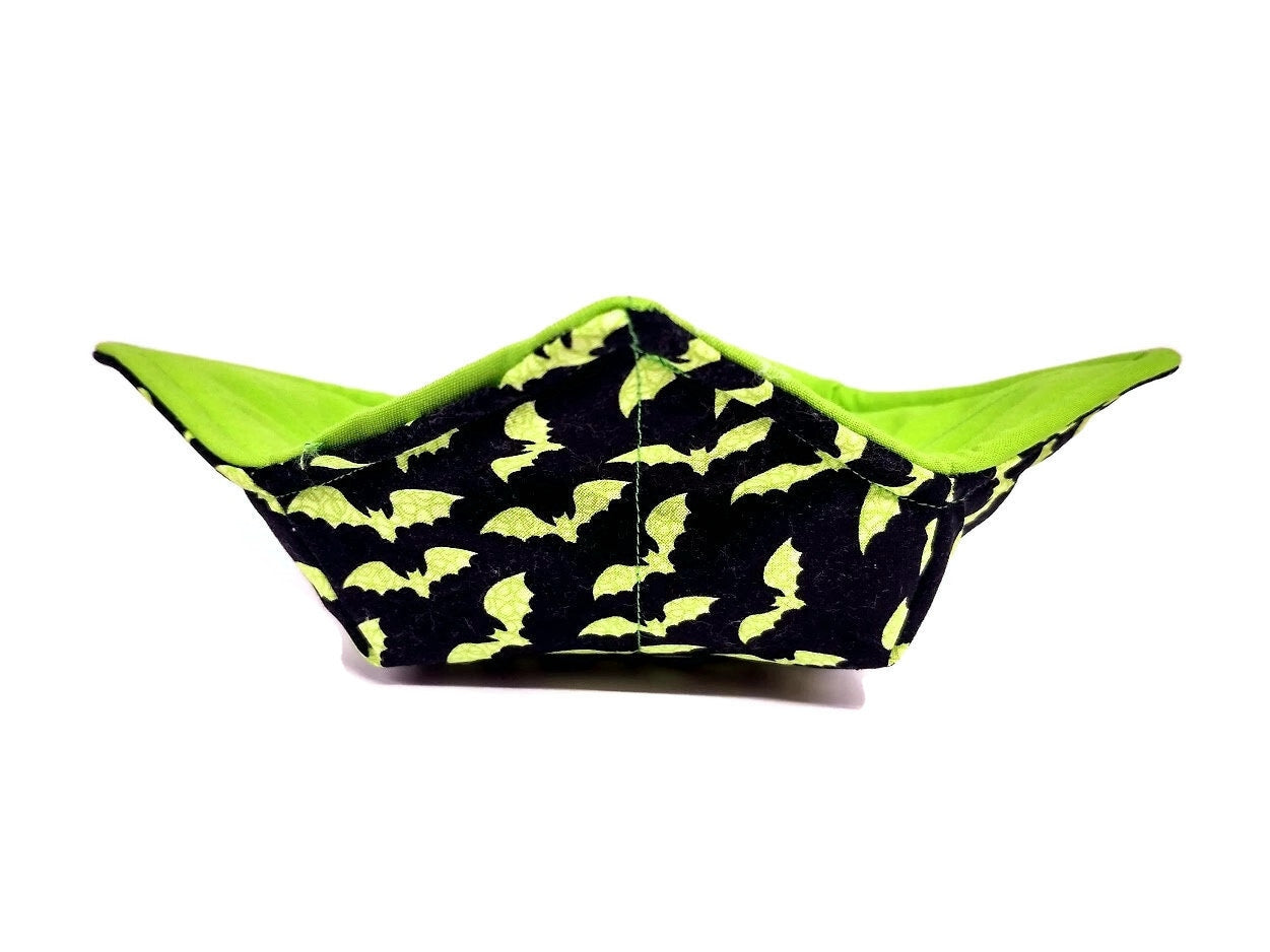 Bowl Cozy Microwave Safe Cotton Soup Hot Bowl Pot Holder in a Lime Green Bat and Solid Lime Green Fabric Print