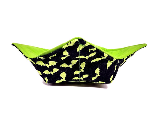 Bowl Cozy Microwave Safe Cotton Soup Hot Bowl Pot Holder in a Lime Green Bat and Solid Lime Green Fabric Print