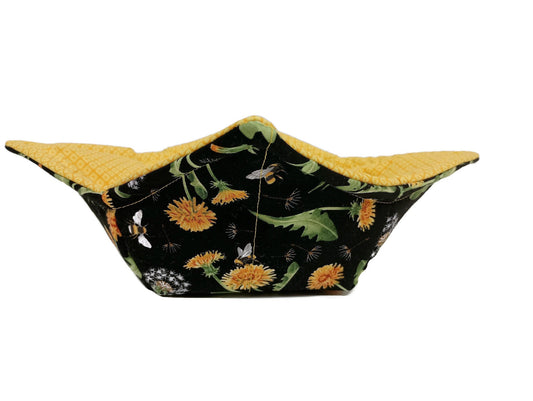 Bowl Cozy Microwave Safe Cotton Soup Hot Bowl Pot Holder in a Black Dandelion with Bees and Hatched Yellow Fabric Print