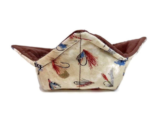 Bowl Cozy Microwave Safe Cotton Hot Soup Bowl Pot Holder in a Reversible Fishing Lure and Solid Brown Fabric Print