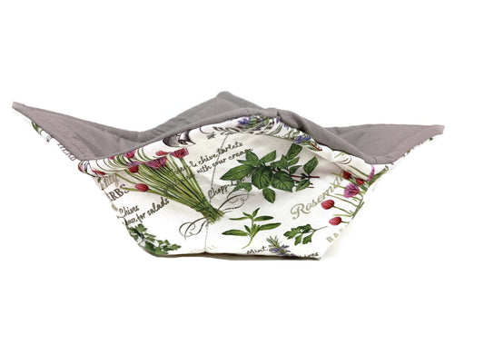 Bowl Cozy Microwave Safe Cotton Soup Hot Bowl Pot Holder in a Reversible Herb Garden Fabric Print