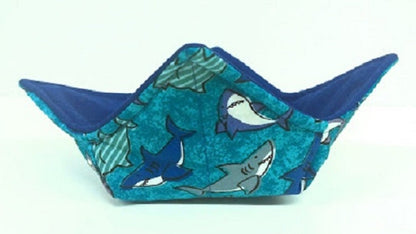 Bowl Cozy Microwave Safe Gift, Shark Lover Gift, Shark Gift, Useful Gifts in a Blue Shark Fabric Print