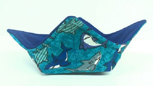 Bowl Cozy Microwave Safe Gift, Shark Lover Gift, Shark Gift, Useful Gifts in a Blue Shark Fabric Print