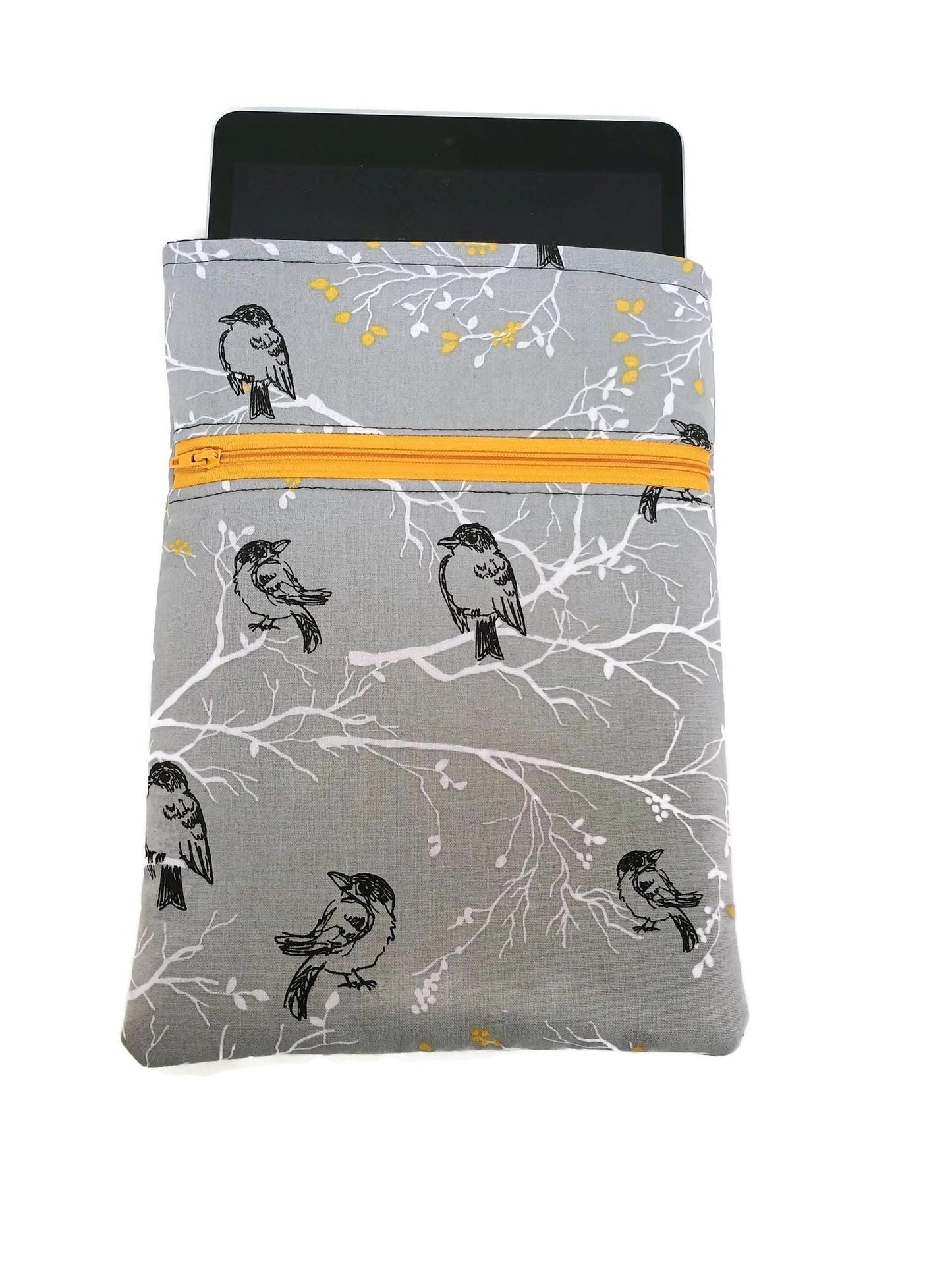 Tablet Sleeve case with Zipper Pocket in a Grey Bird with Gold Leaf Fabric Print