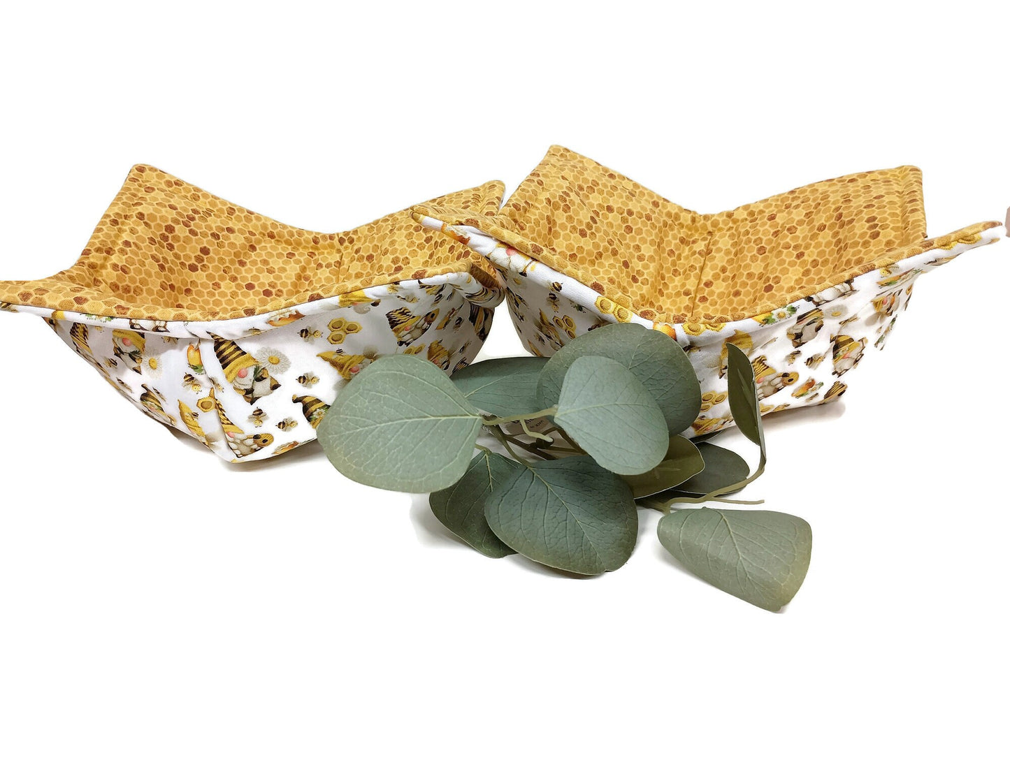 Bowl Cozy Microwave Safe Cotton Hot Soup Bowl Pot Holder in a Reversible Miniature Bee Gnome and Honey Comb Fabric Print