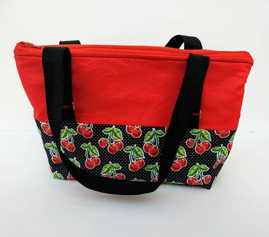 Red Cherry lined insulated zip top lunch bag or sack with straps