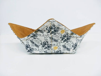 Bowl Cozy Microwave Safe Cotton Hot Soup Bowl Pot Holder in a Reversible Bee with Grey Scroll and Mustard Yellow Fabric Print