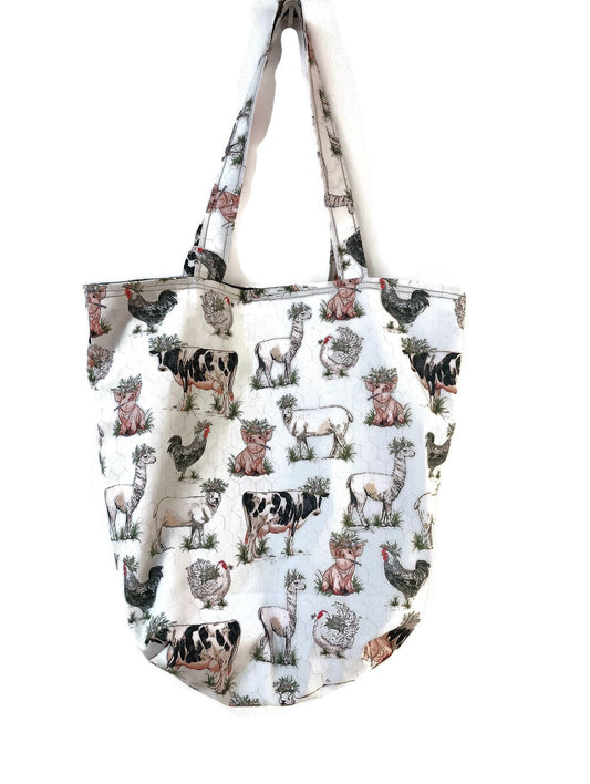 Tote Bag, Reusable Bag, Shopper Bag, Grocery Bag in a Farm Animal Cotton Canvas Fabric Print