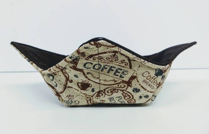 Bowl Cozy Microwave Safe Cotton Soup Hot Bowl Pot Holder in a Pure Roast Coffee Bag and Solid Brown Fabric Print