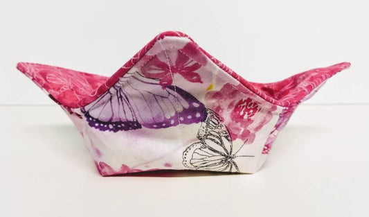 Bowl Cozy Microwave Safe Cotton Soup Hot Bowl Pot Holder in a Multicolored Pink Butterfly and Pink Dragonfly Outline Fabric Print